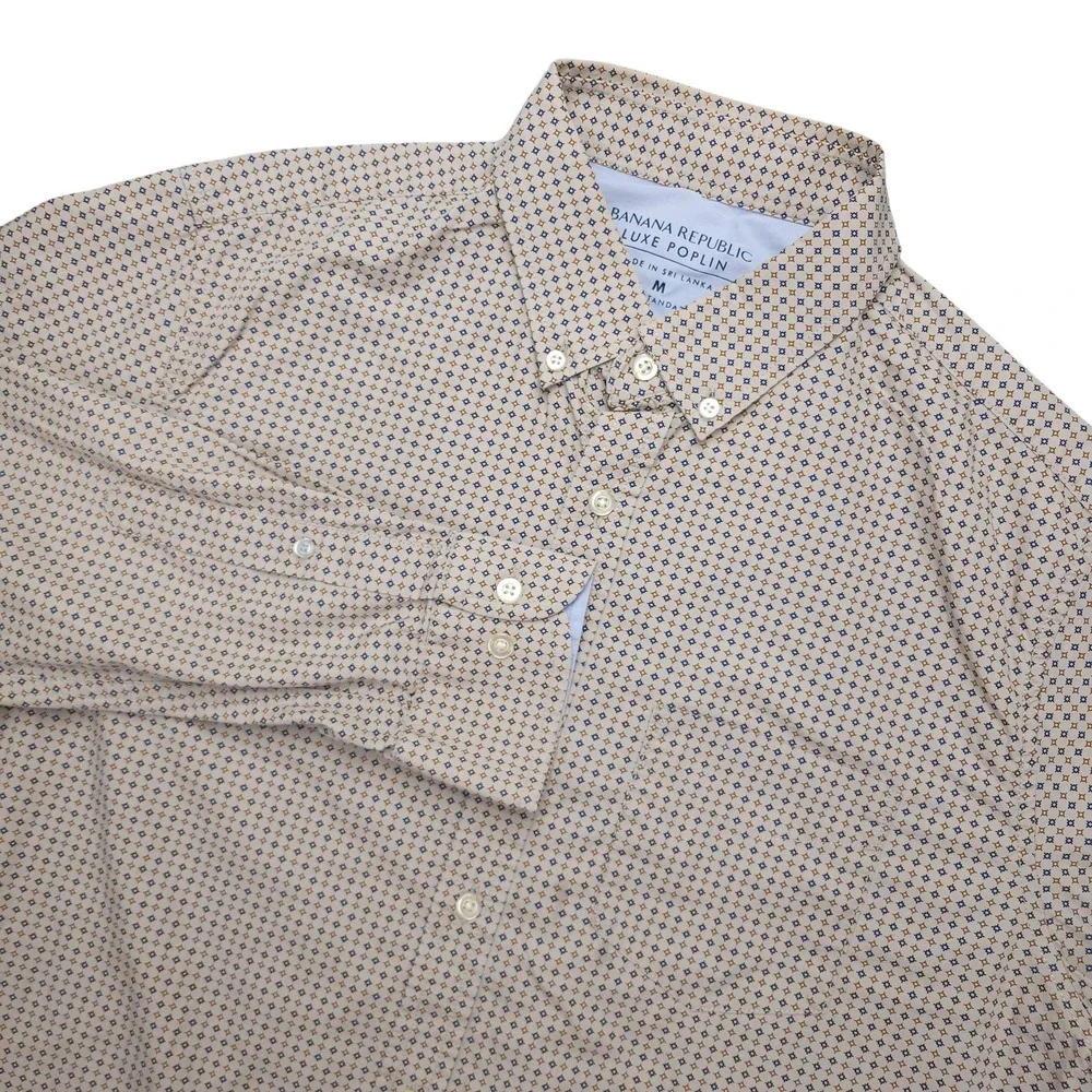 Banana Republic Luxe Poplin Shirt Mens M Beige Geometric Long Sleeve Button Up